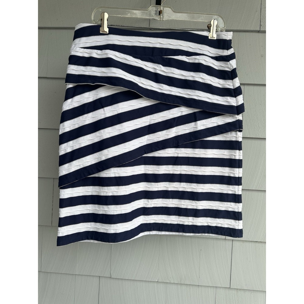 J.McLaughlin‎ Navy White Stripe Wrap Skirt L Catalina Cloth Metallic Thread